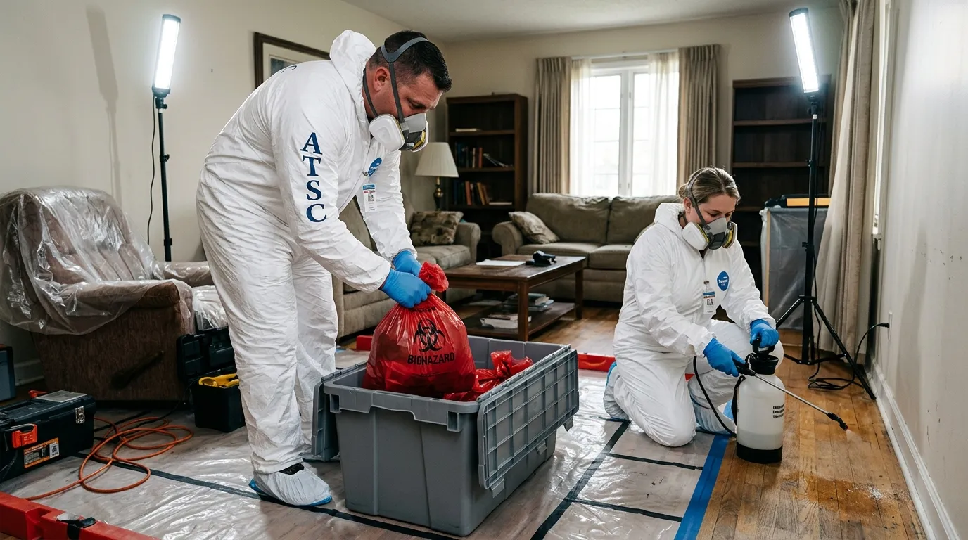 Professional Hoarding Cleanup technician in full PPE working in Washington